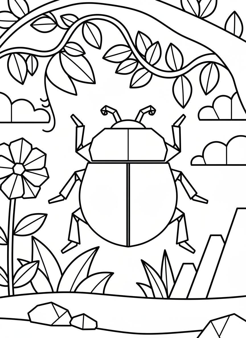 An origami beetle with a rounded shell back, six folded legs, and small antennae, simple design suitable for beginners