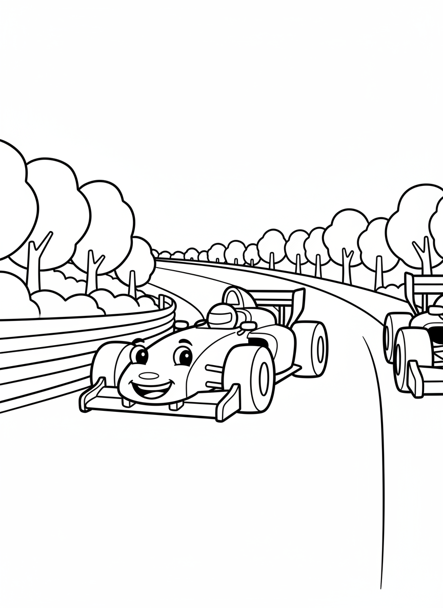 A simple Formula One race car design perfect for young children, with bold outlines, minimal details, and happy expression on the front.