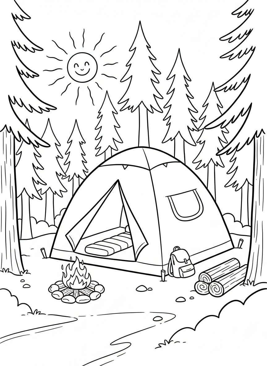 A simple dome tent with a smiling sun overhead, surrounded by pine trees and a small campfire with logs arranged in a circle.