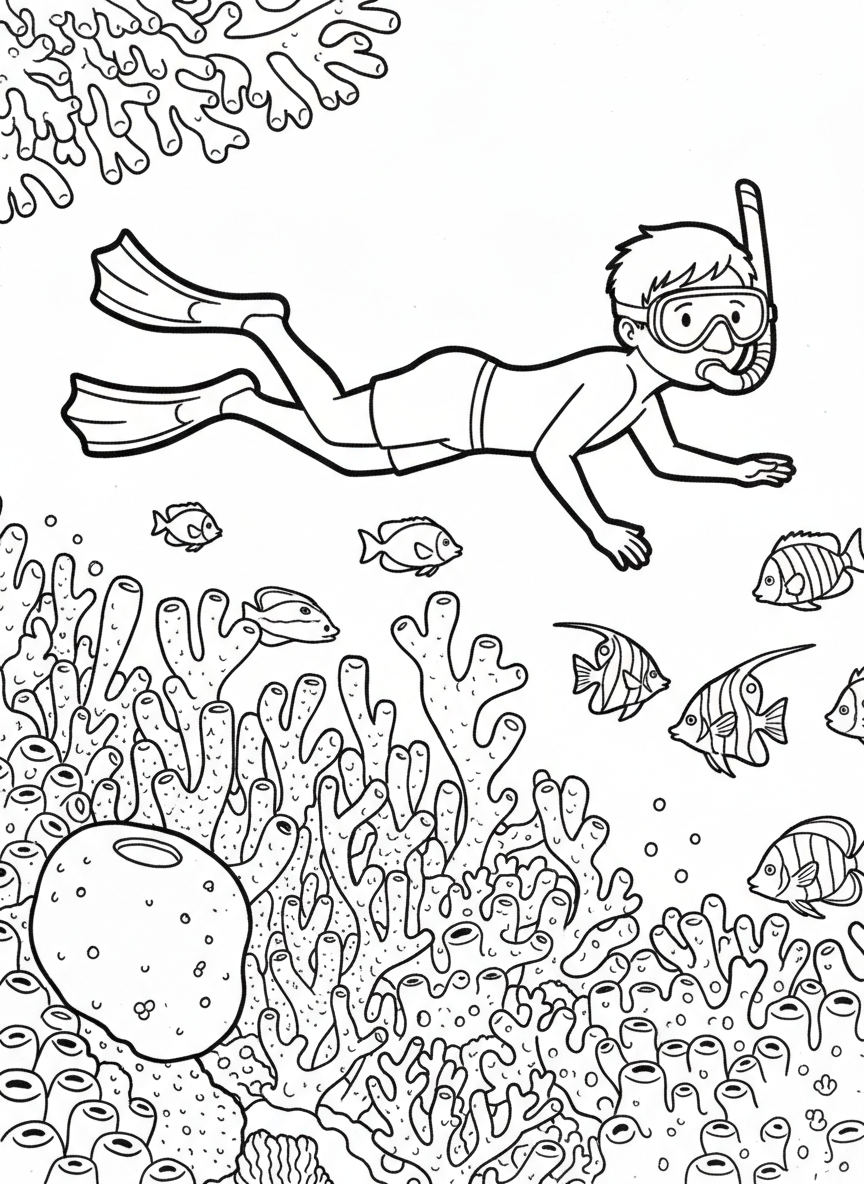 Underwater scene showing a young snorkeler swimming above a coral reef with small tropical fish, clear outlines and simple shapes