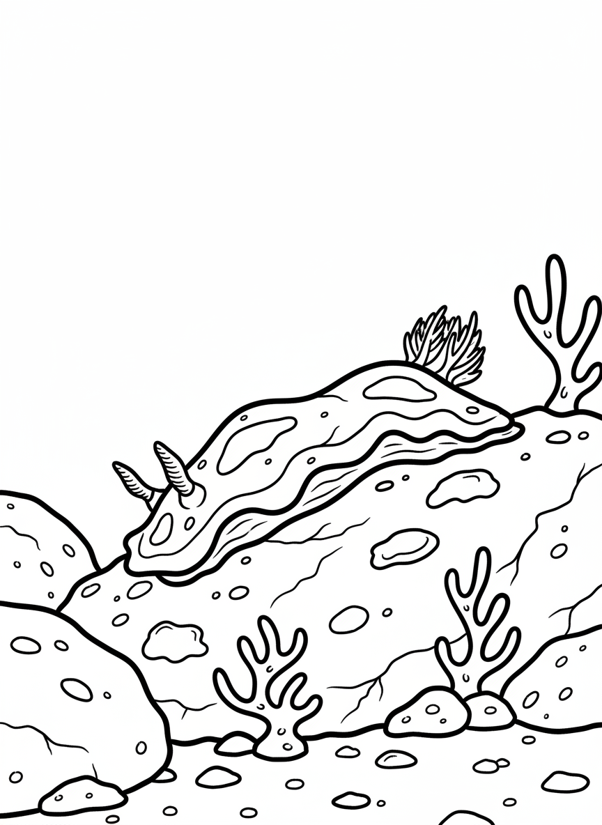A colorful sea slug crawling along a rock surface covered with tiny algae spots and simple coral-like textures.