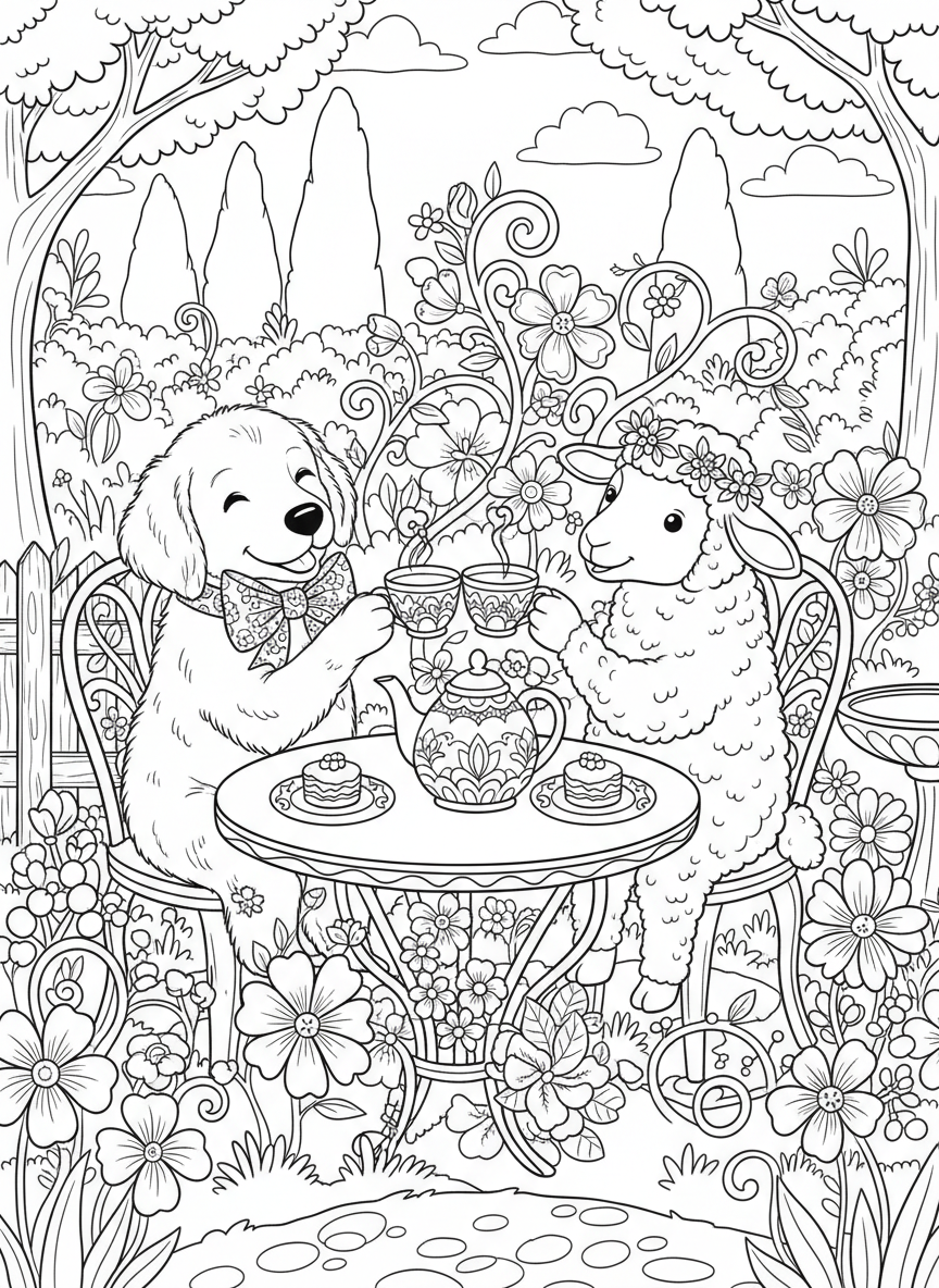 A puppy and lamb clinking teacups together in a toast, both wearing decorative accessories, friendship celebration
