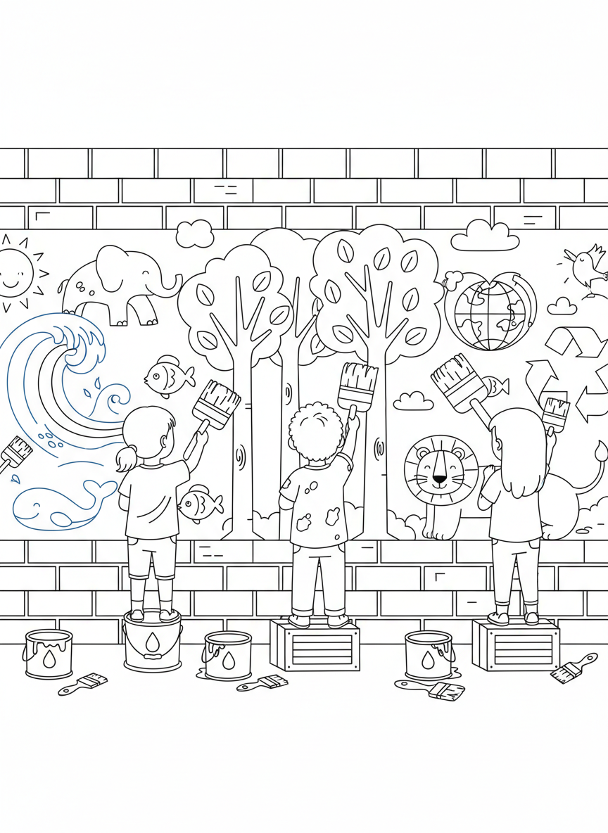 Kids painting a colorful mural about protecting Earth on a wall, showing trees, animals, and recycling symbols, with paint brushes and buckets.