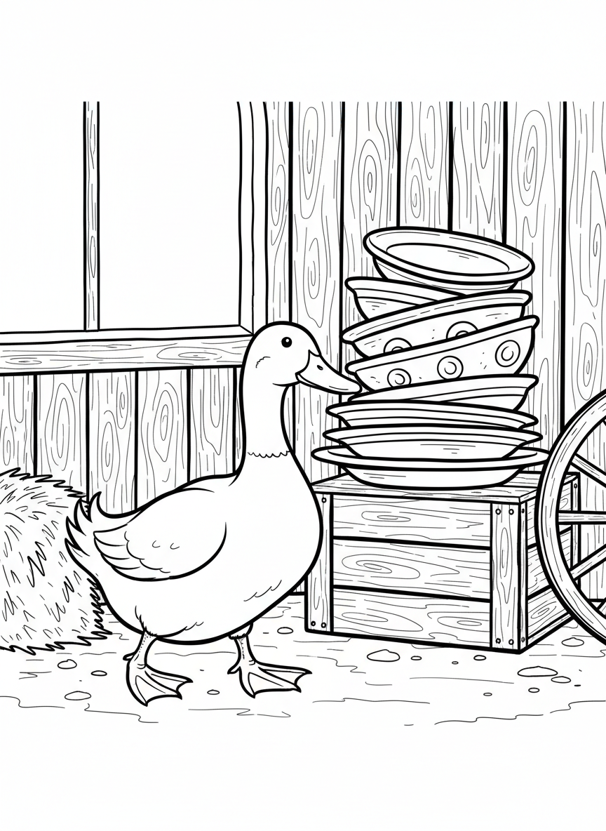 A duck waddling past a collection of stacked pottery plates and bowls in a rustic barn corner, easy to color