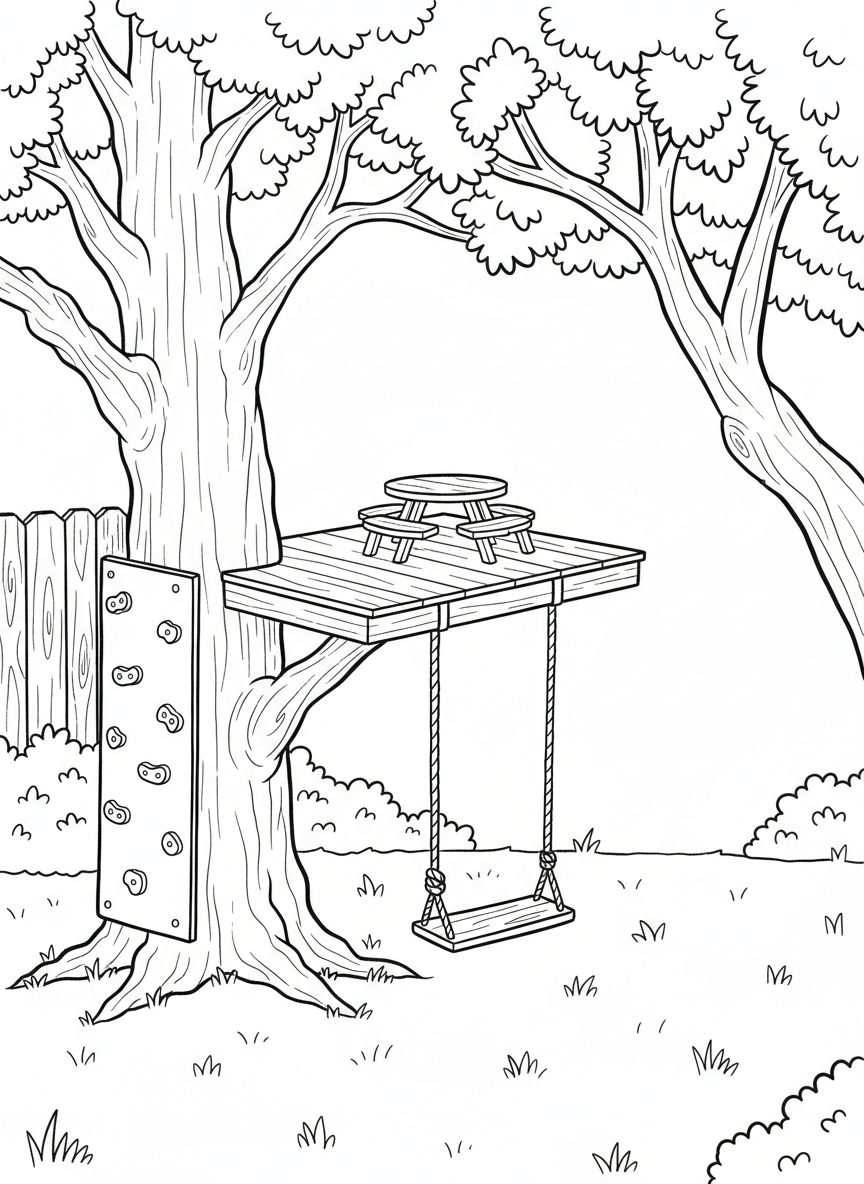 A backyard treehouse with a rope swing, a small climbing wall section, and a picnic table underneath the platform.