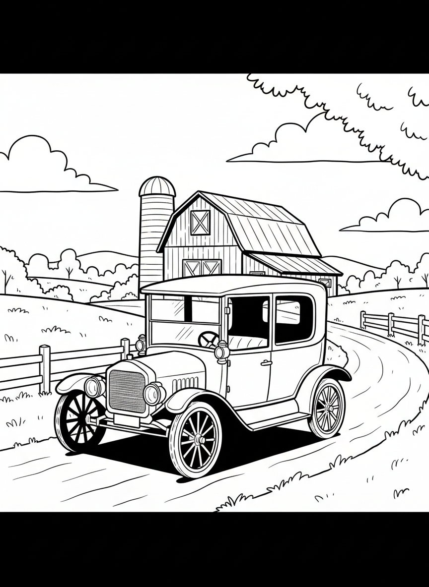 An old-fashioned Model T style car with spoke wheels and high roof, puttering down a country road past a barn