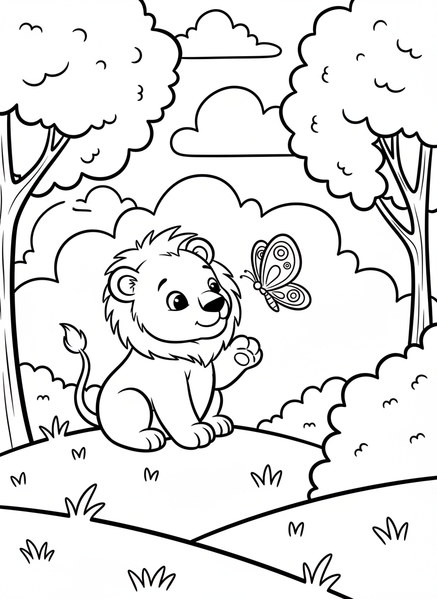 A baby lion with a small tuft mane playing with a butterfly, sitting pose, gentle Pottery Barn aesthetic with rounded shapes