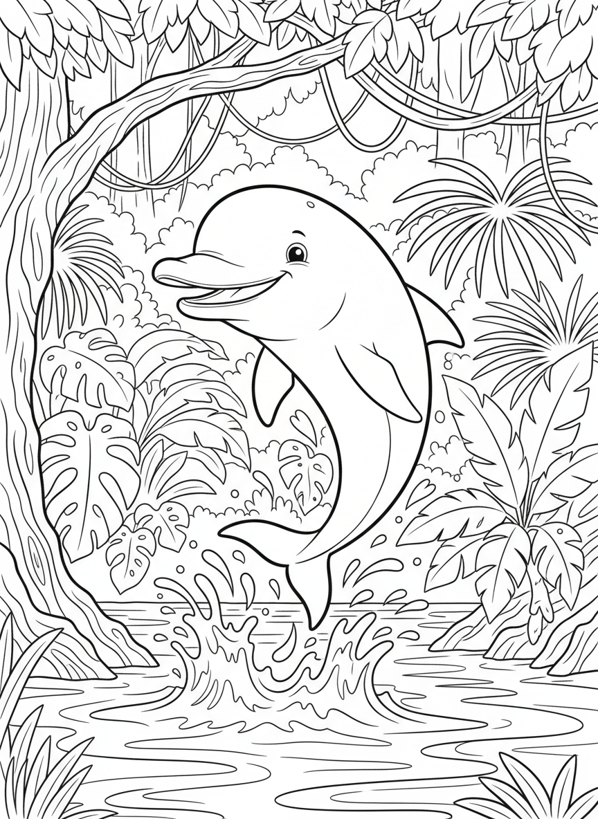 A river dolphin jumping out of the water in a rainforest river, with a playful expression and smooth body.