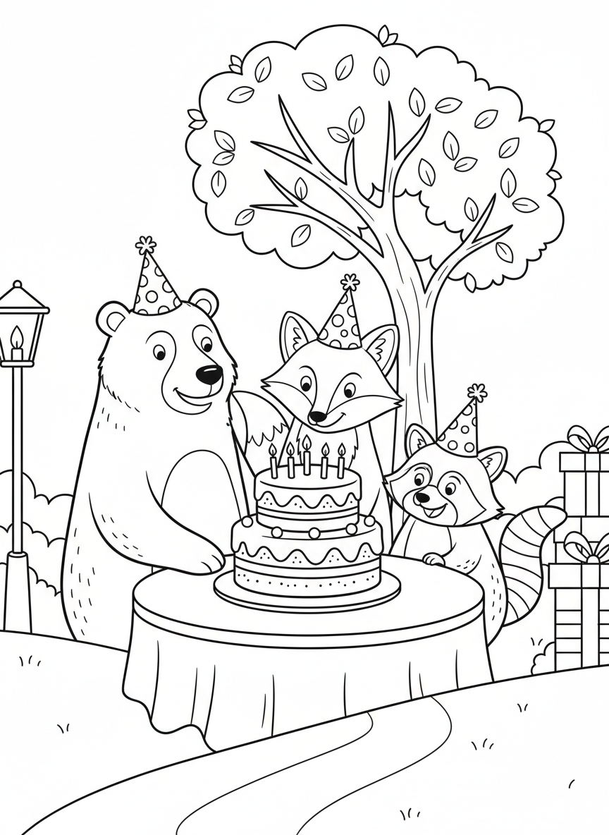 A group of animal friends including a bear, fox, and raccoon wearing party hats, gathered around a birthday cake.