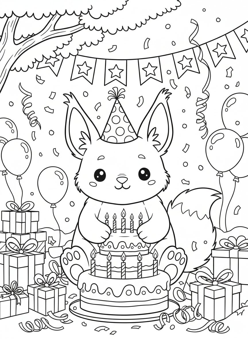 A cute whimsical creature with pointy ears surrounded by presents and birthday cake with candles, celebration theme line art