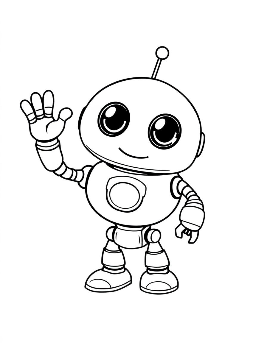 A charming, round-bodied robot with large, expressive circular eyes and a friendly digital smile, lifting one pincer hand in a cheerful wave.