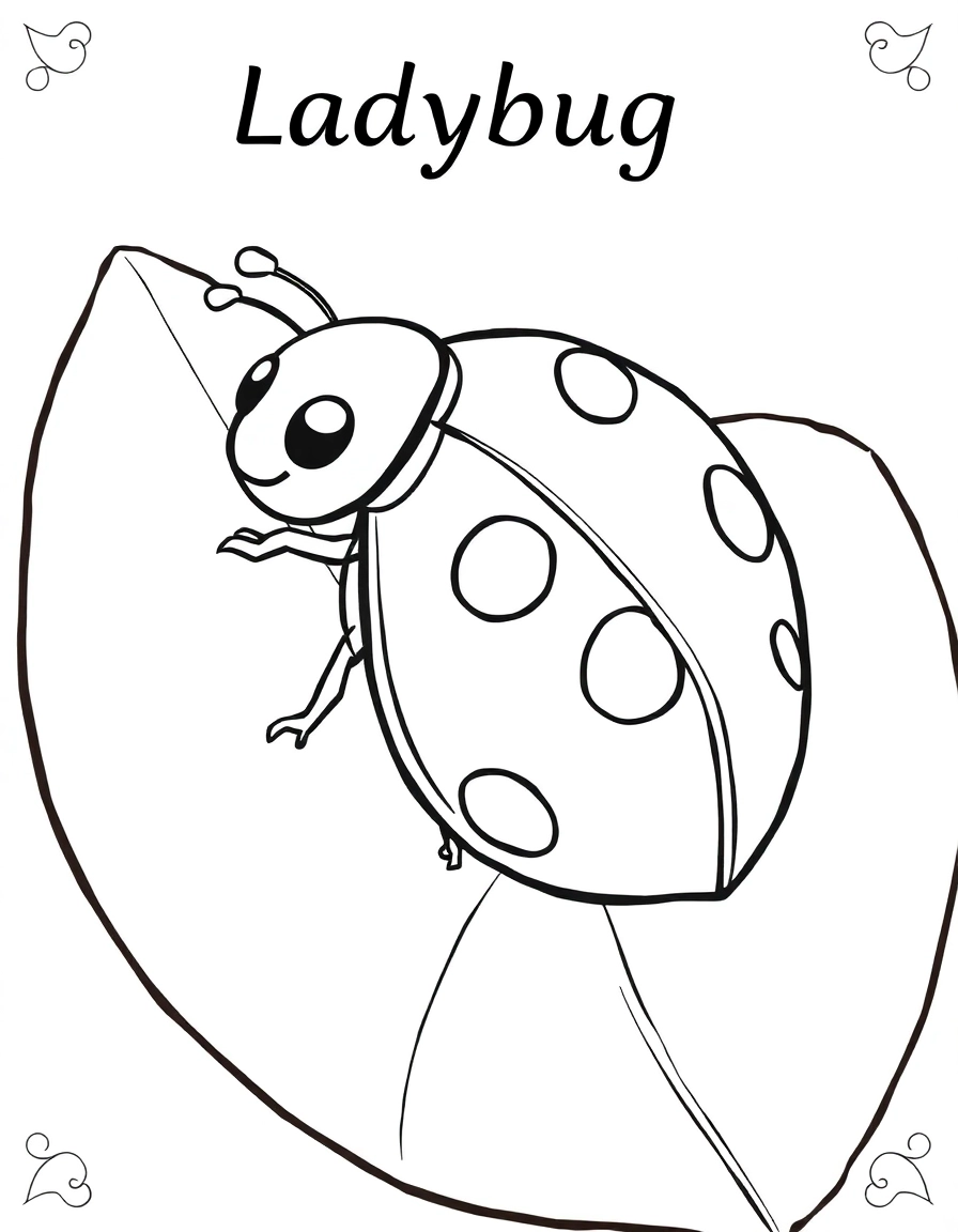 a cheerful ladybug with clearly defined spots, perched on a large, green leaf. it's written "Ladybug" near top of page and nothing more is written