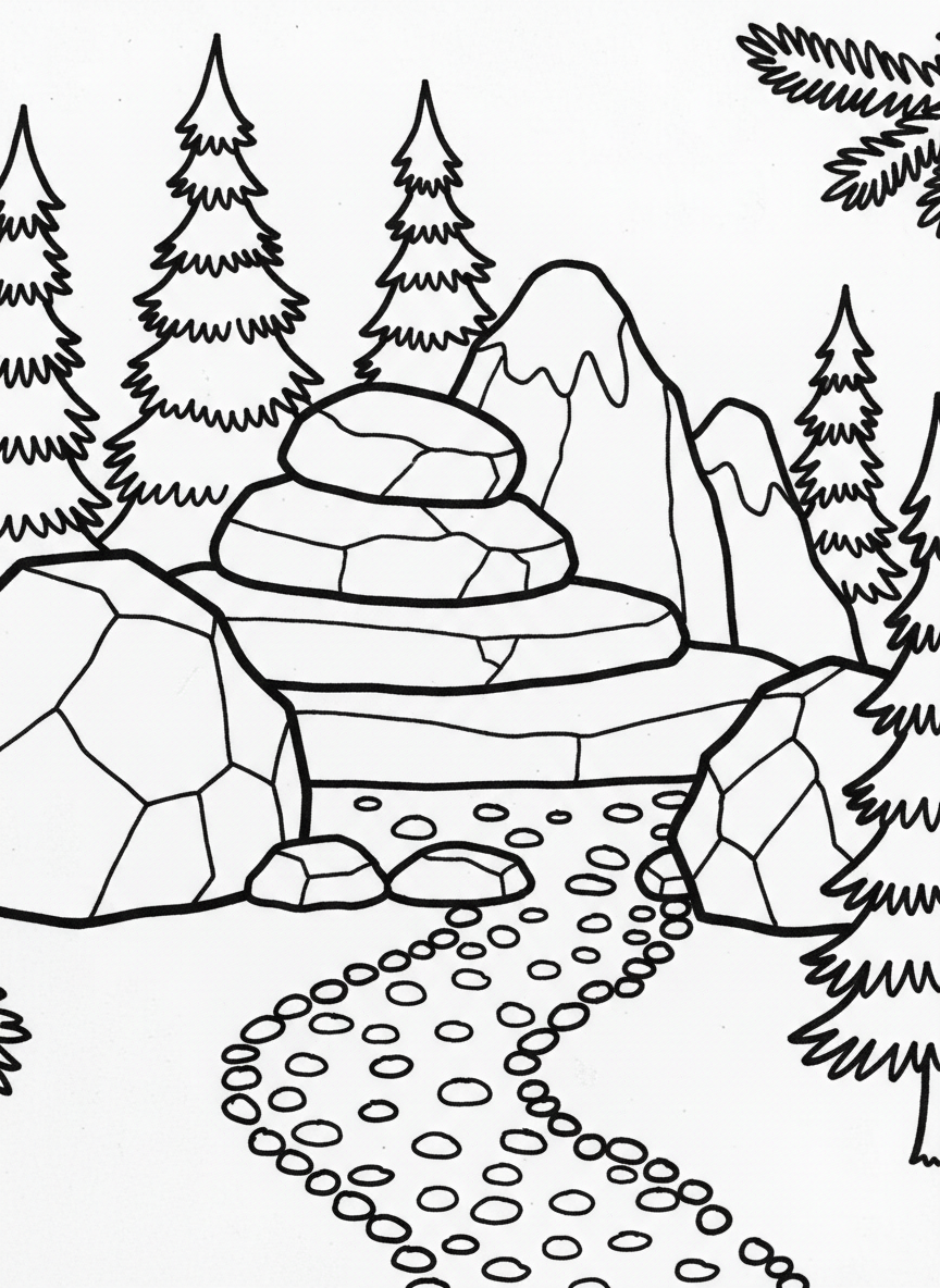 A miniature alpine garden with small evergreen trees, tiny rocks arranged like mountains, and a pebble hiking trail.