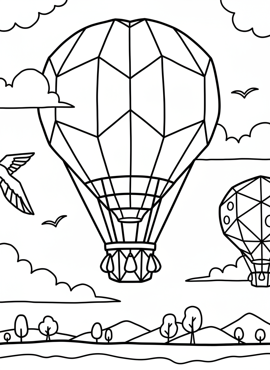 A whimsical origami hot air balloon with geometric basket below, floating among puffy clouds and birds.