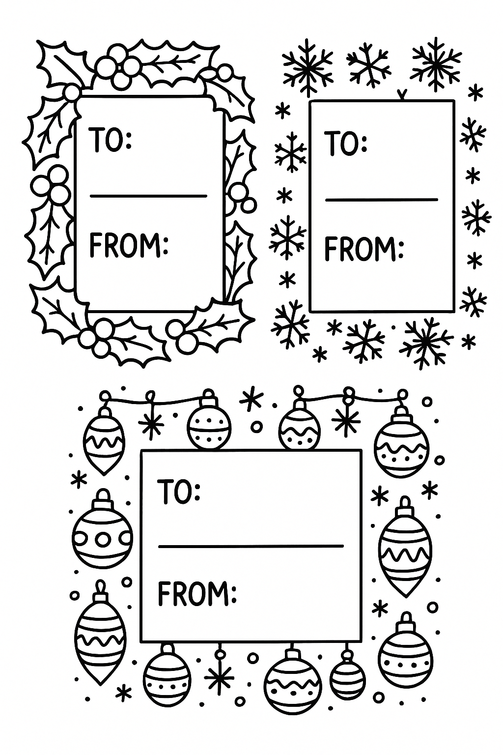 To/From’ holiday label set with decorative borders: holly border, snowflake border, ornament border.