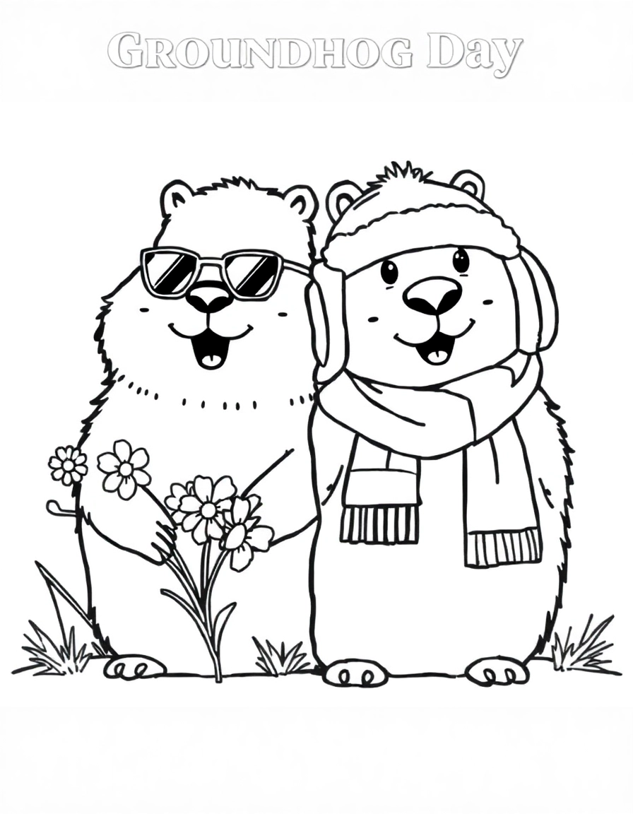 Groundhog Day: Spring vs. Winter: A split scene: one side shows the groundhog with sunglasses and flowers (Spring), the other shows him with a scarf and earmuffs (Winter).