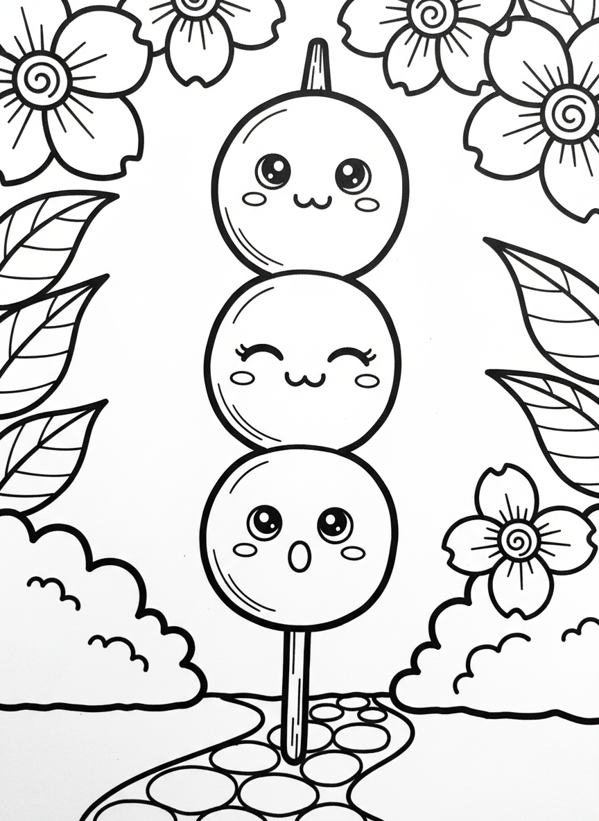A kawaii dango stick with three round dumplings on a skewer, each with a different cute facial expression