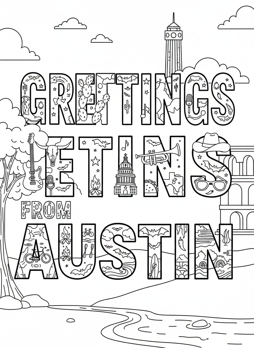 The iconic 'Greetings from Austin' postcard-style letters filled with small Texas symbols like guitars, bats, and stars to color