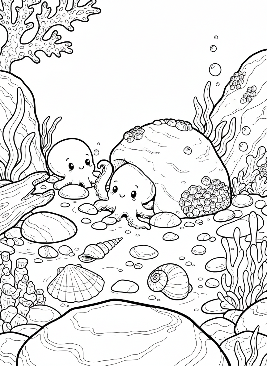Two small octopuses playing hide-and-seek among tide pool rocks with shells and pebbles scattered around them