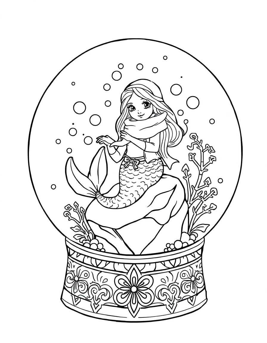 snow globe: Mermaid Winter: A fantastical globe showing a mermaid wearing a scarf, sitting on a rock underwater with "snow" bubbles falling.