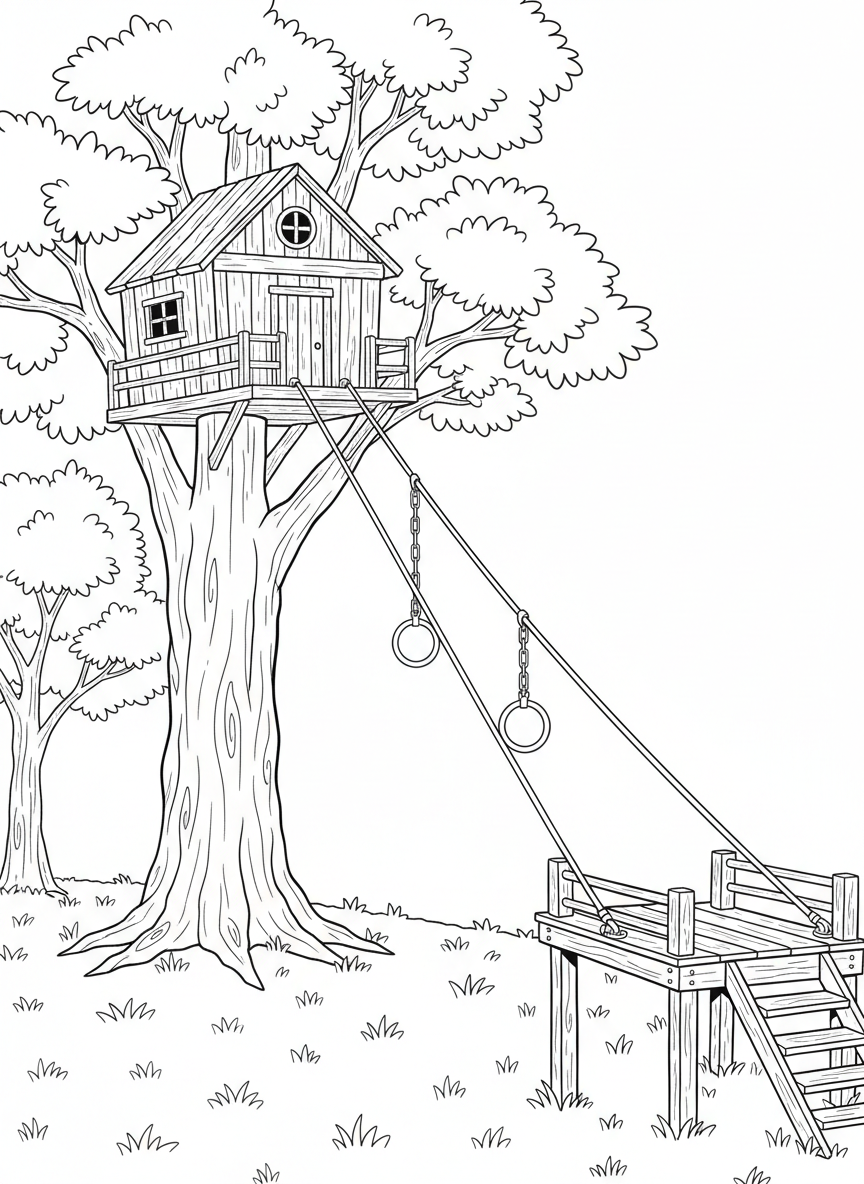 A treehouse with a zip line leading to the ground, with safety handles and a landing platform