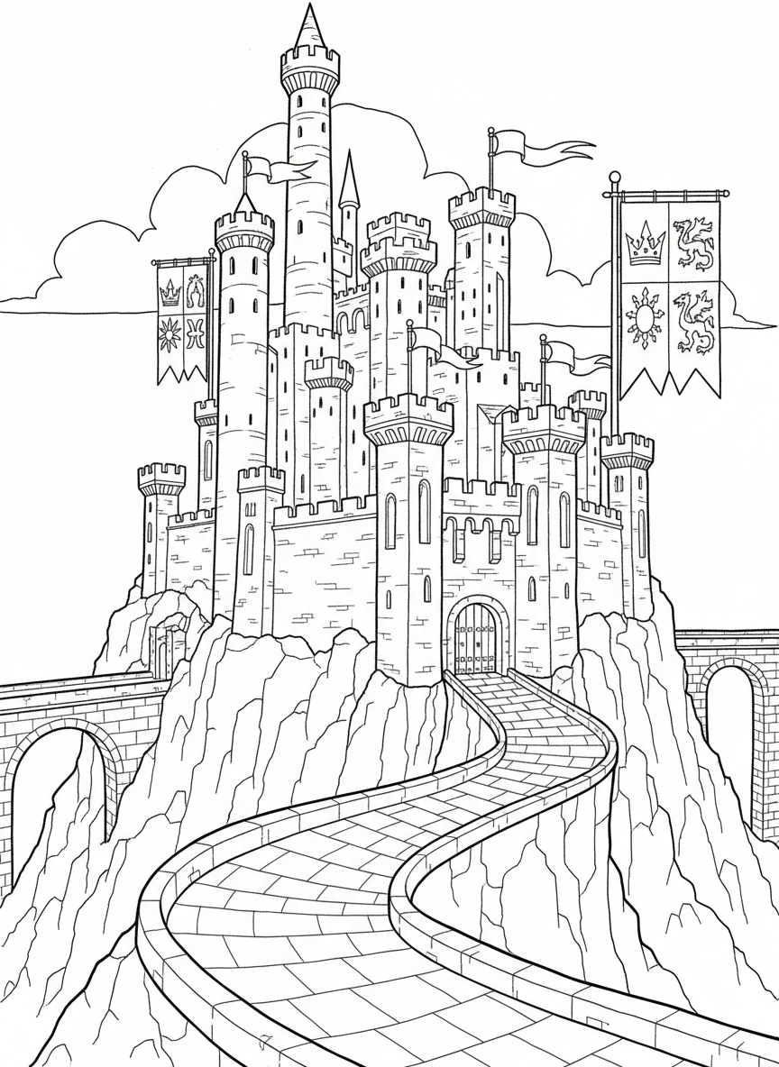 A grand castle sitting on a hilltop with tall towers, stone bridges, colorful banners, and a winding road leading to the entrance gates.