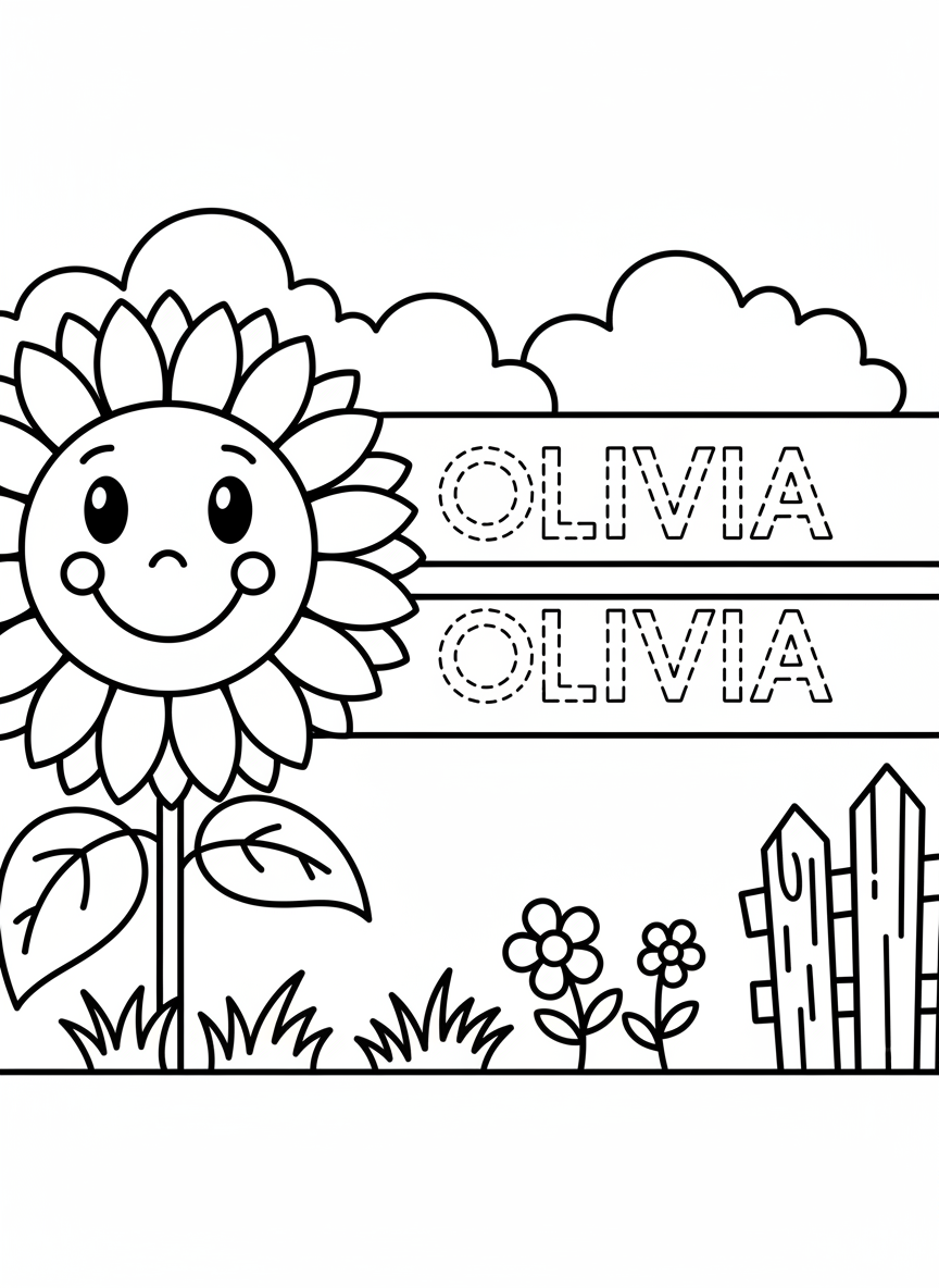 A happy sunflower with a smiling face next to three handwriting practice rows with dashed letters spelling 'OLIVIA', simple outline drawing