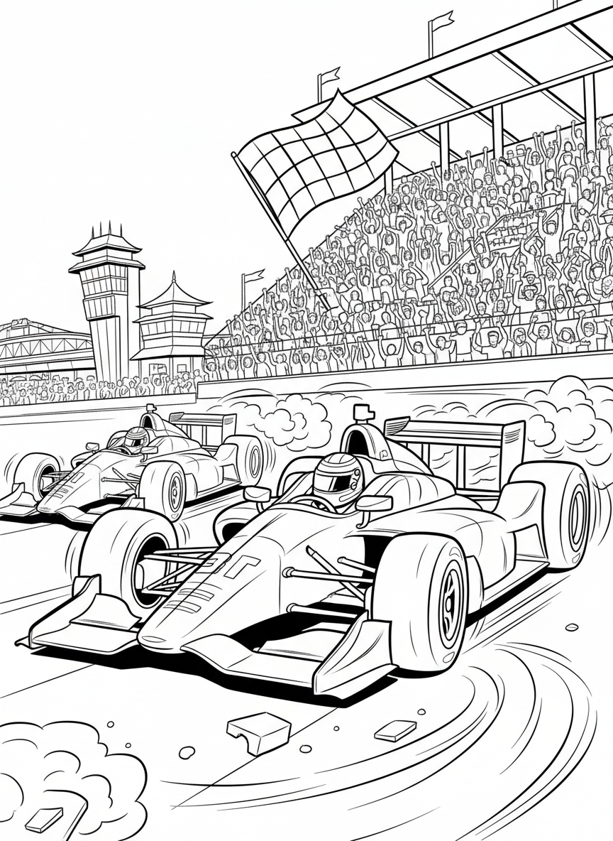 Indy 500 coloring page prompts capturing speed, tradition, roaring engines, packed grandstands, and legendary race moments.	The final laps unfolding with cars pushing to their limits, sunlight glinting off helmets and car bodies as history nears.