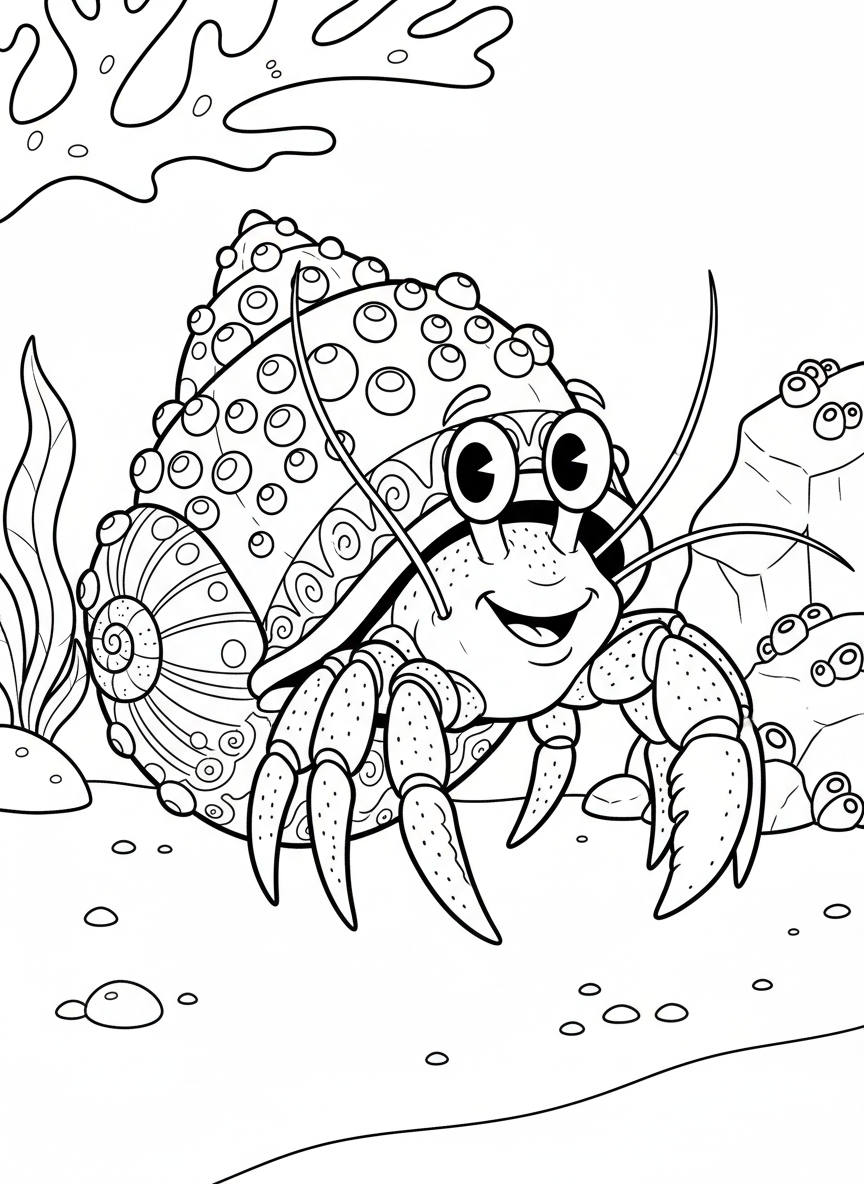Close-up of a hermit crab with big friendly eyes carrying a decorated spiral shell covered in tiny barnacles.