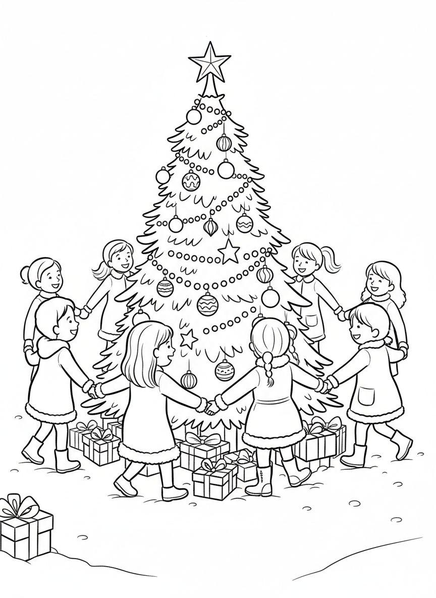 Children holding hands in a circle around a decorated New Year tree with ornaments, gifts at the base
