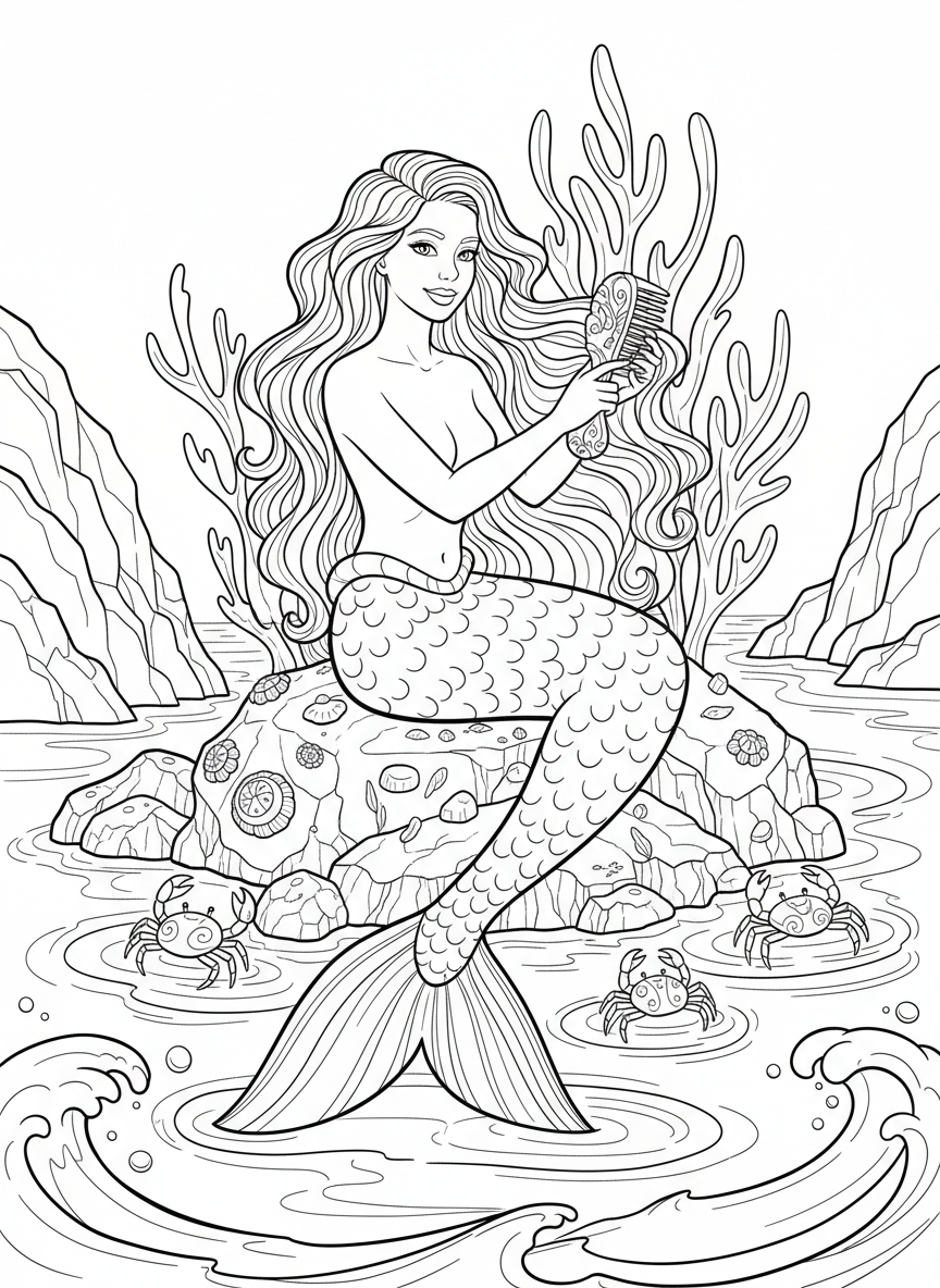 Mermaid brushing her long flowing hair with an ornate shell comb, sitting on a rock with tide pools and small crabs nearby, line art coloring page