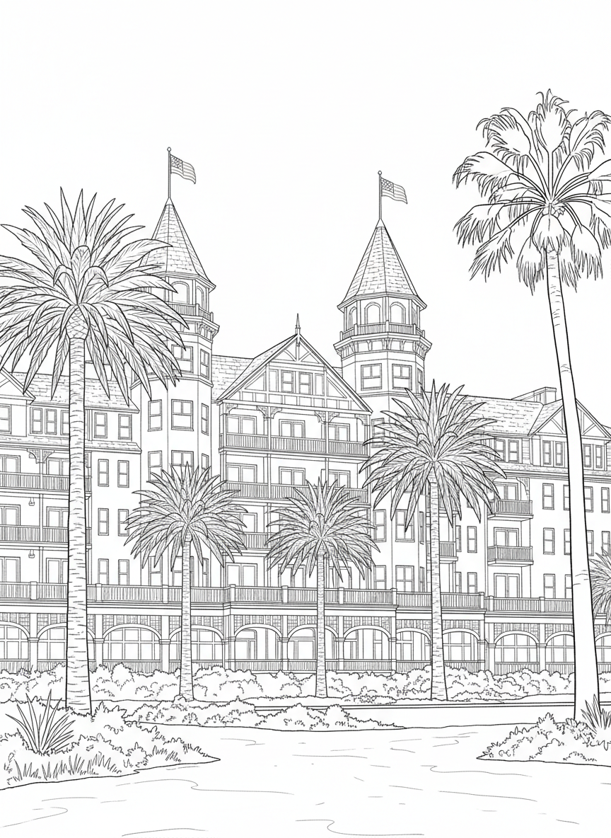 The historic Hotel del Coronado building with its distinctive turrets and flags, palm trees in front, detailed architecture coloring page