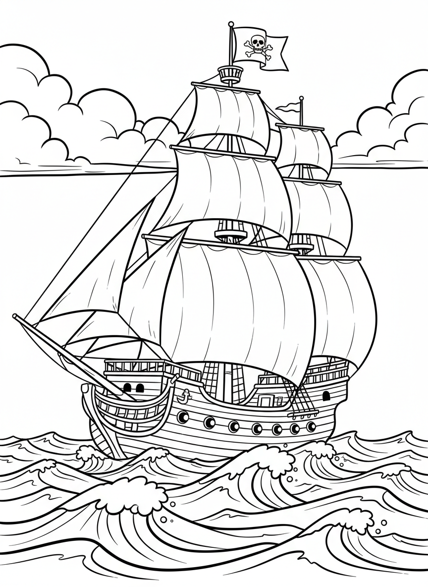 A pirate ship with tall masts, billowing sails, a crow's nest, and a jolly roger flag, sailing on the open sea.