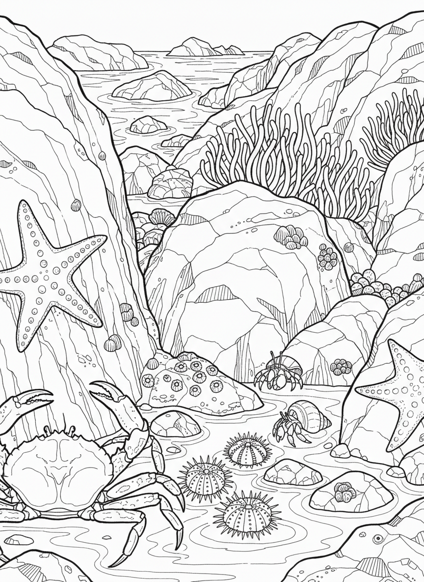 A complex tide pool ecosystem showing crabs, hermit crabs, sea stars, urchins, and anemones among the rocky formations.