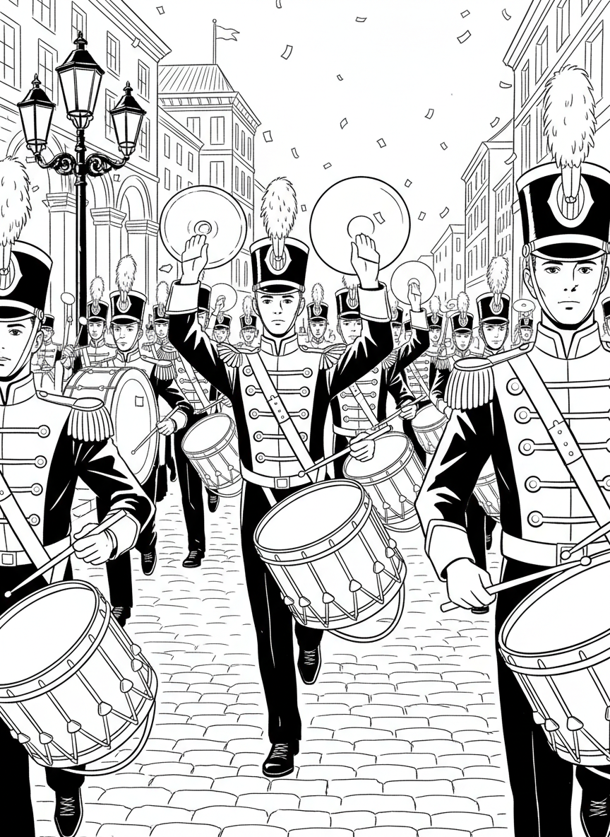 A marching drum line with various percussion instruments, drummers in synchronized formation creating an exciting parade moment.