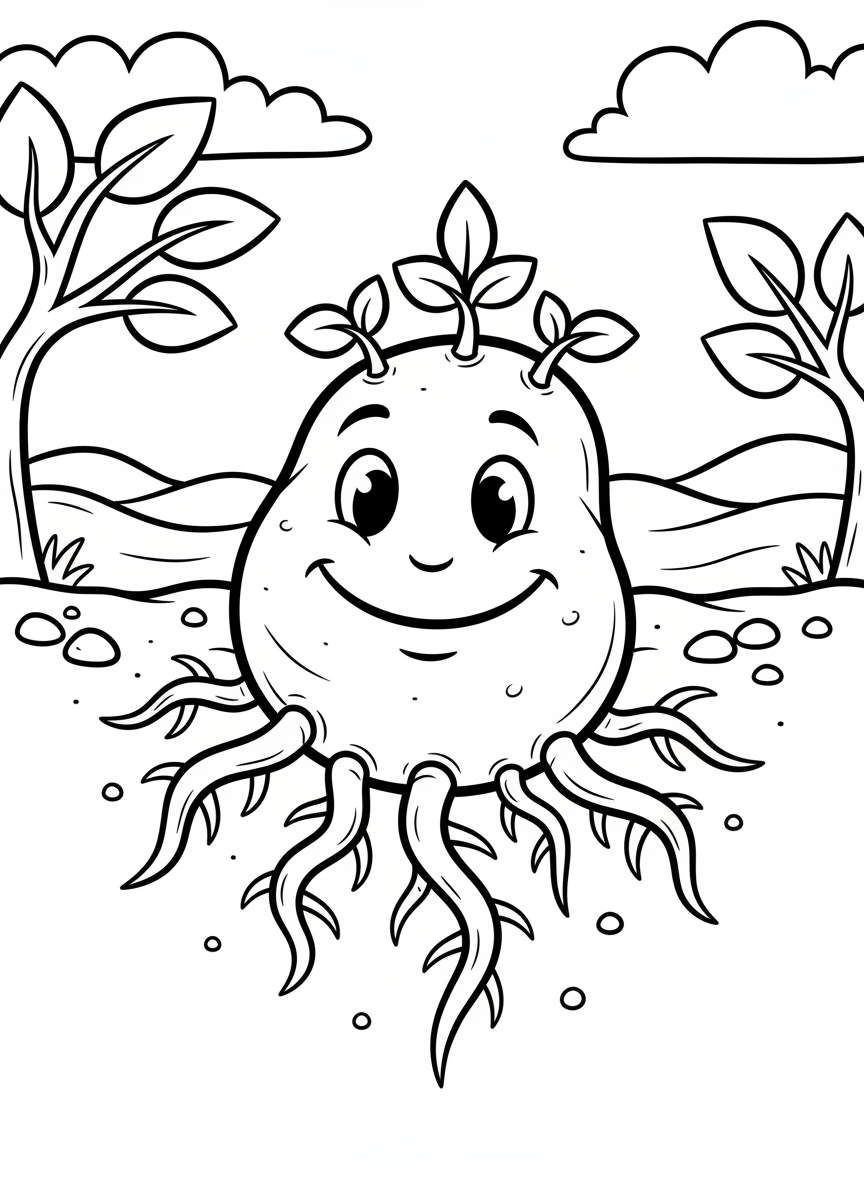 Smiling potato character with eyes peeking out from underground soil, showing roots below and sprouts above