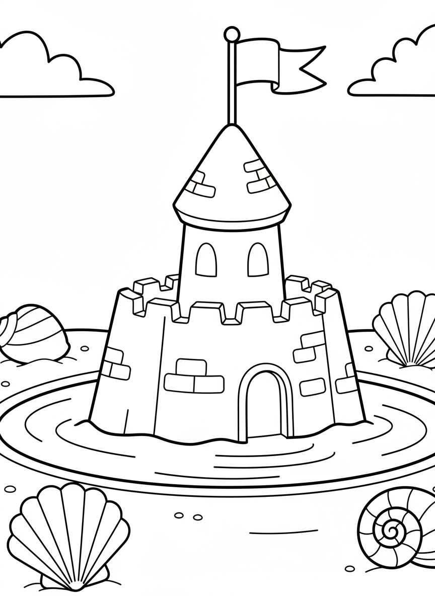 A simple sandcastle with one tower and a flag on top, surrounded by seashells and a small moat, perfect for beginning colorists.