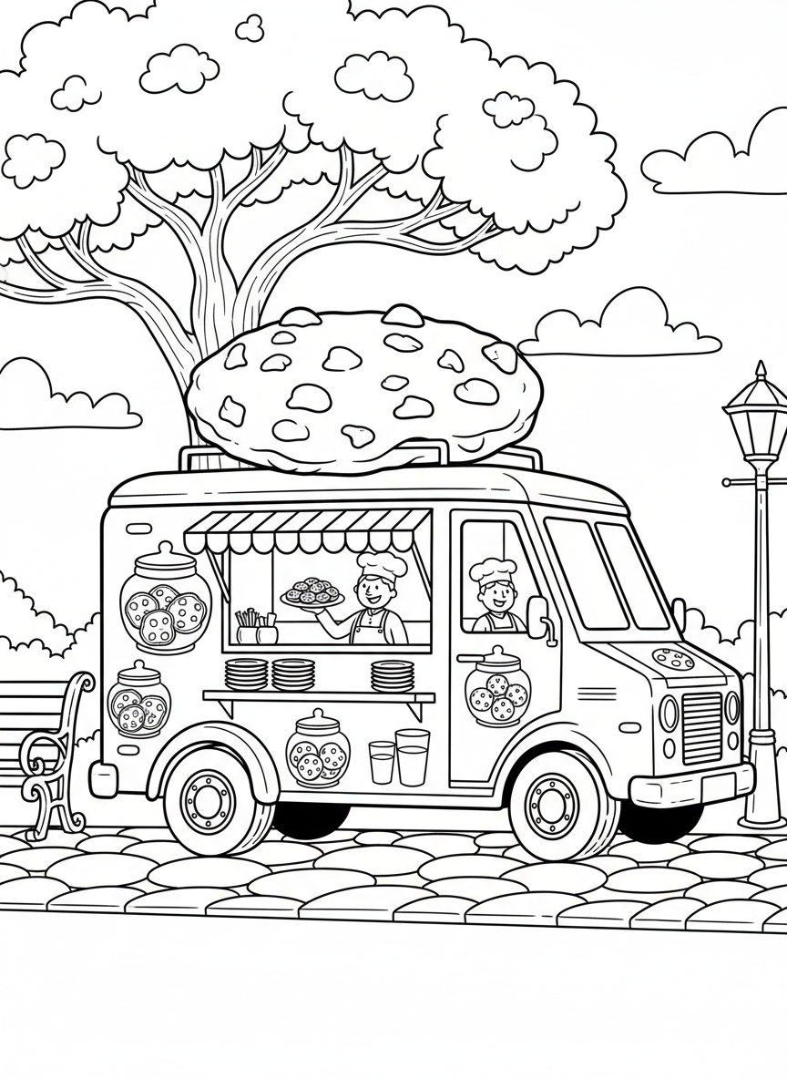 A cookie truck with a giant chocolate chip cookie on the roof, cookie jar decorations, and a welcoming serving window