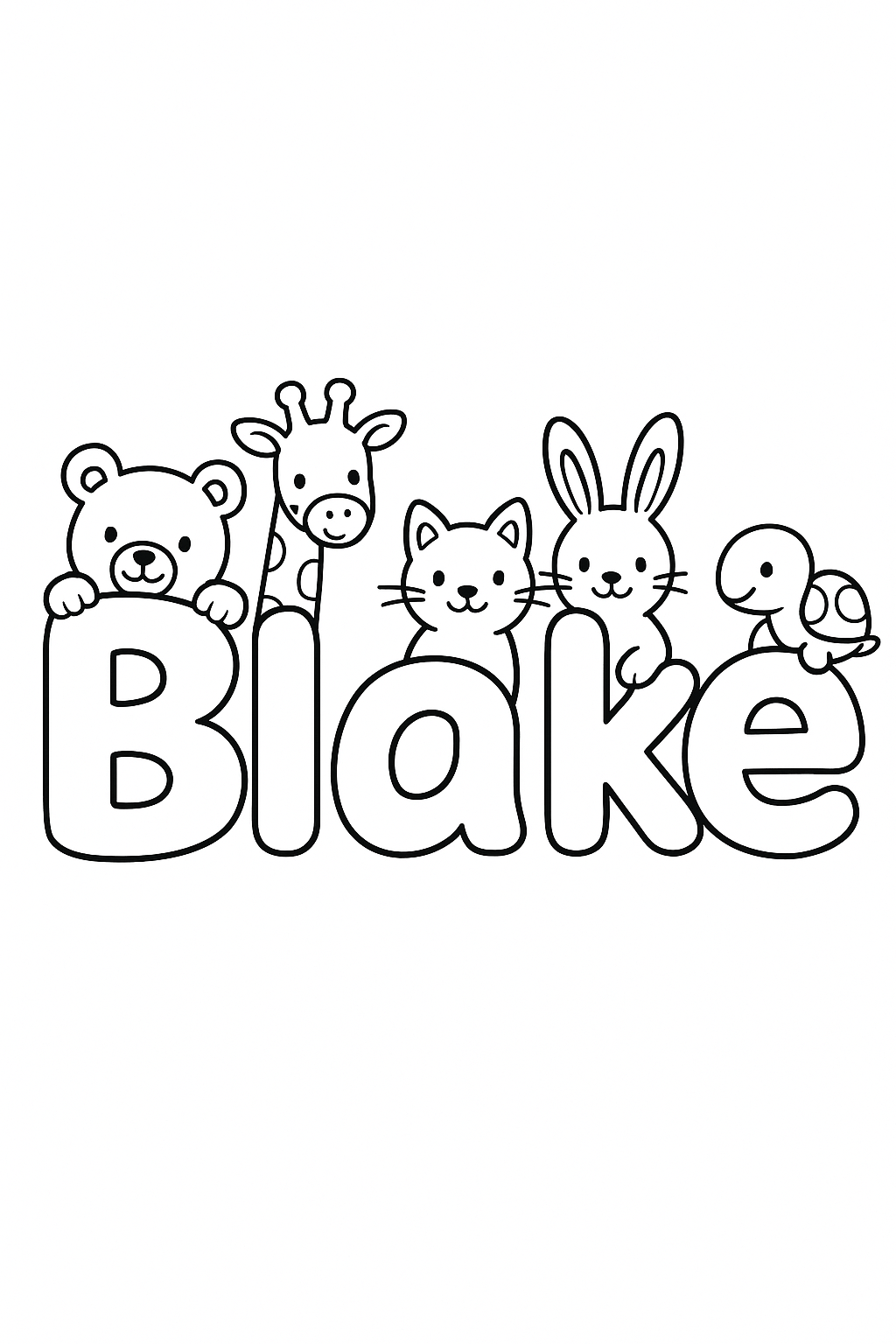The name “Blake” in bubble letters with cartoon animals peeking out of each letter. make the name all on one line, capitalize only the first letter