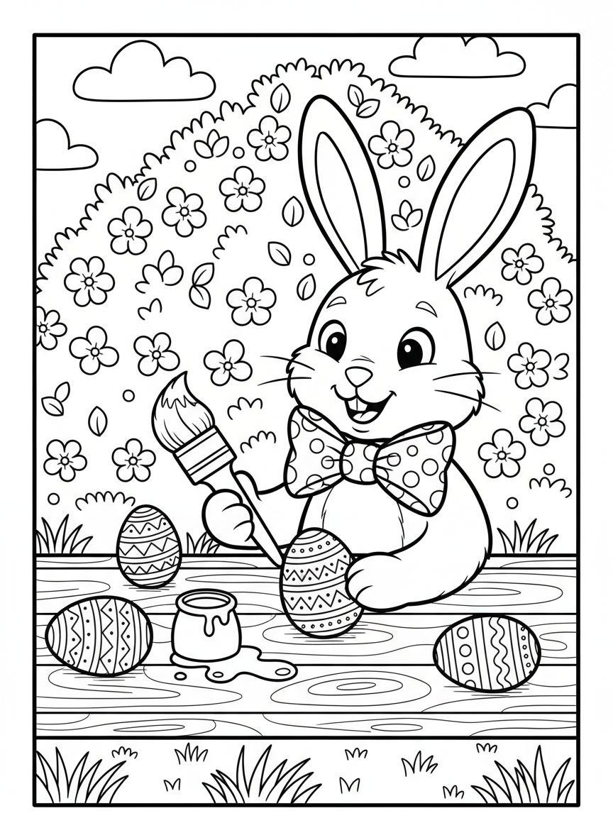A friendly bunny wearing a bow tie, holding a paintbrush and decorating Easter eggs on a table