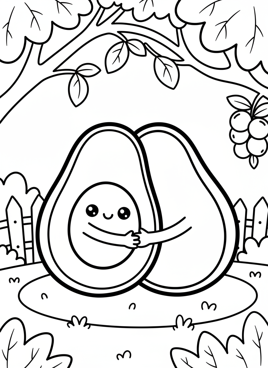 A cute avocado split in half showing the pit with a sweet face, both halves hugging each other with tiny arms