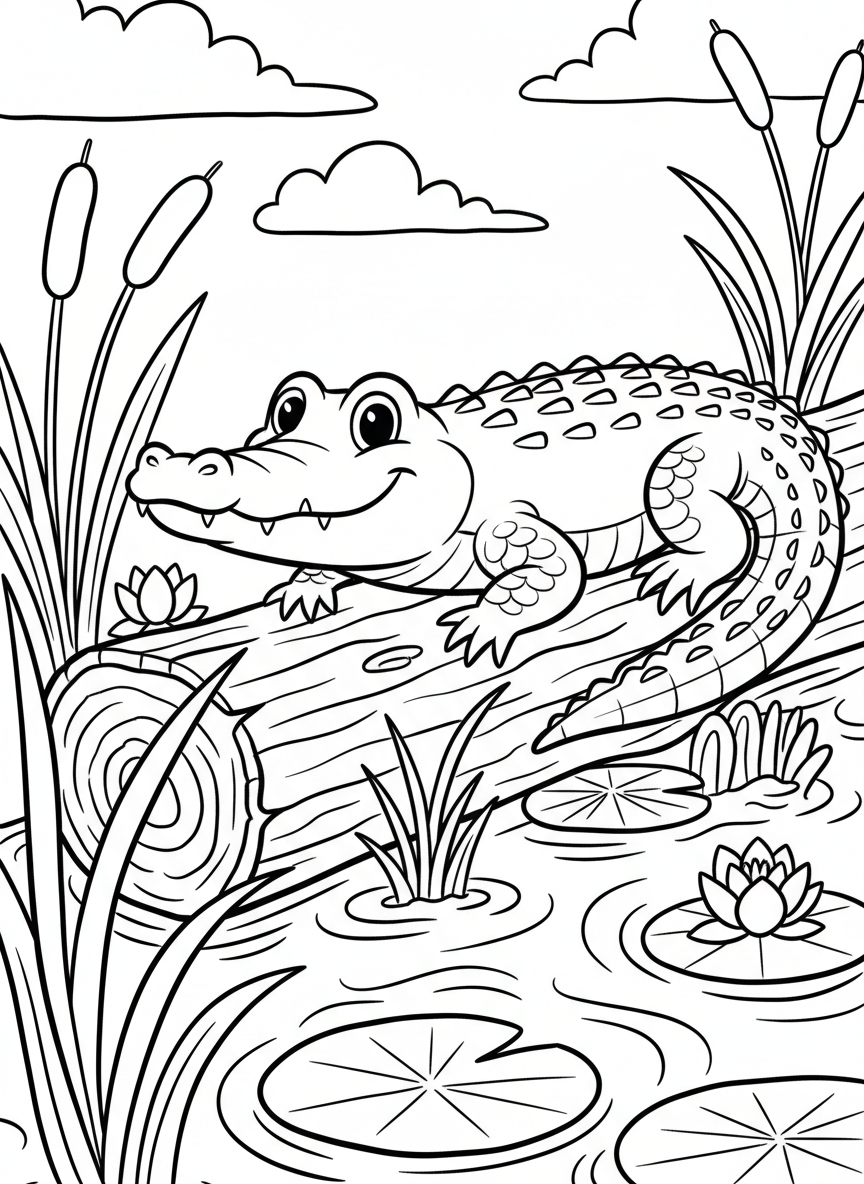 A smiling alligator resting on a log in the St. Johns River surrounded by cattails and water lilies, kid-friendly design