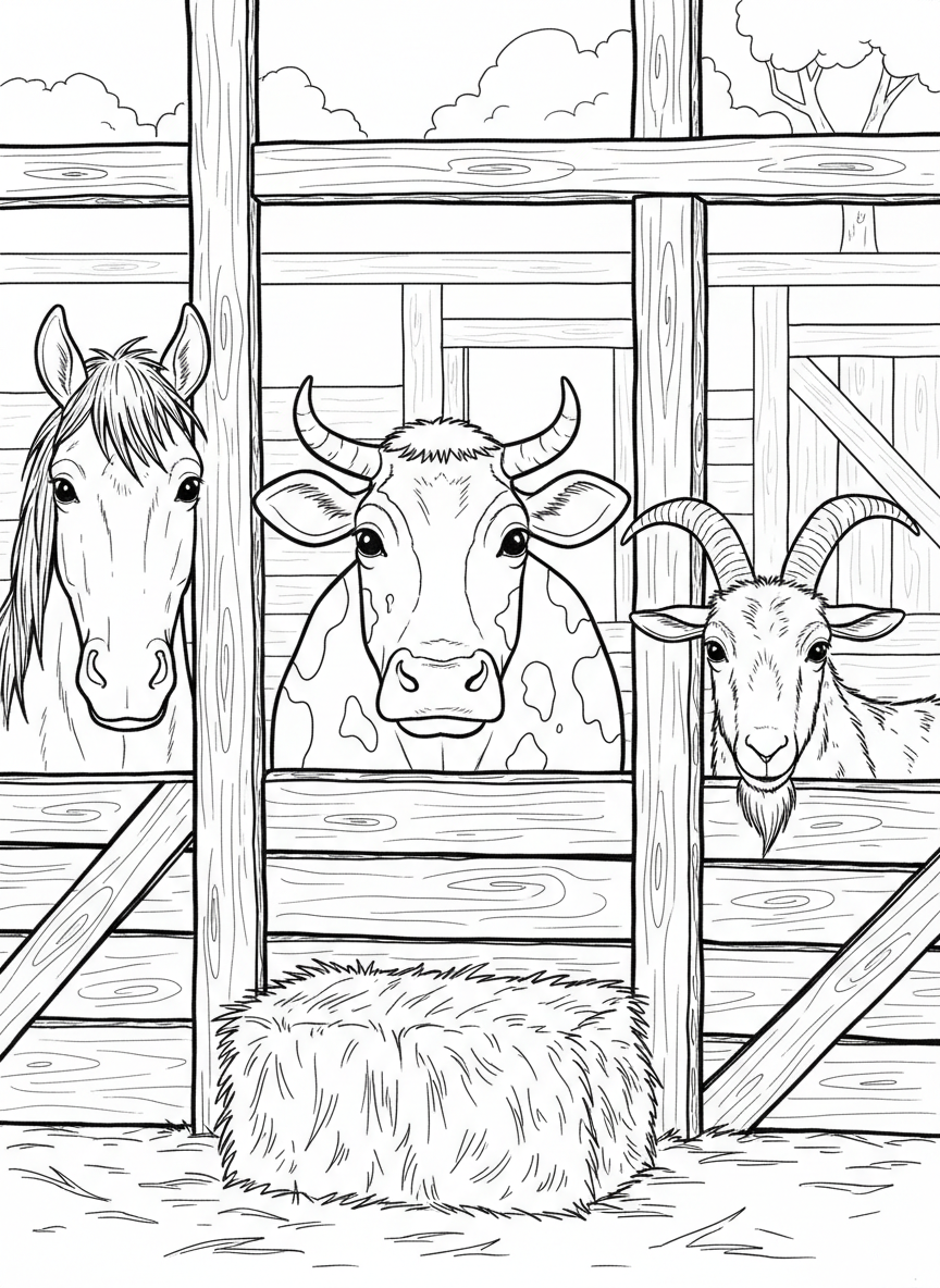 A barn scene showing various farm animals peeking out from stalls including a horse, cow, and goat.