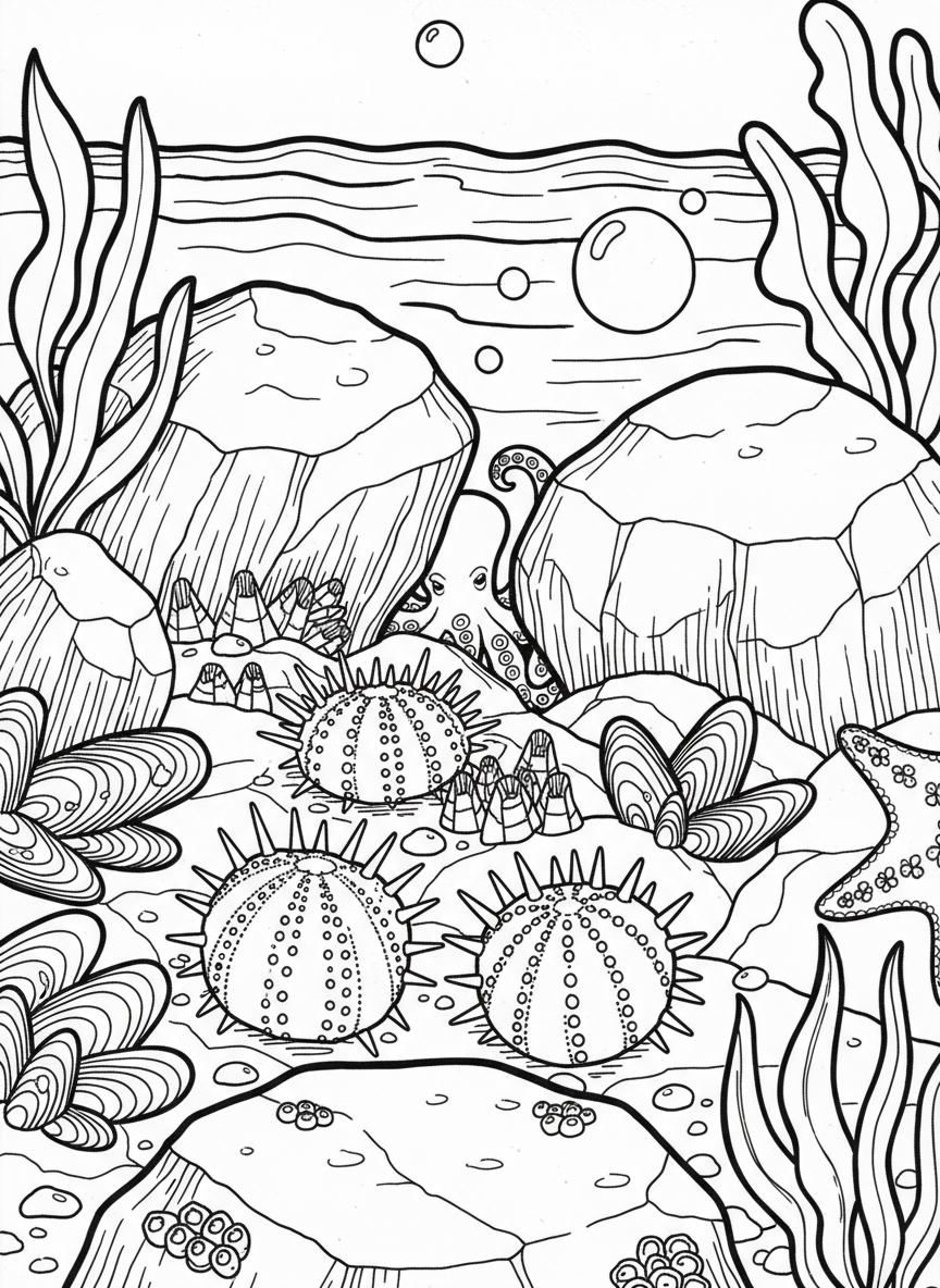 A detailed tide pool from above showing sea urchins, mussels, barnacles, and a small octopus hiding between rocks.