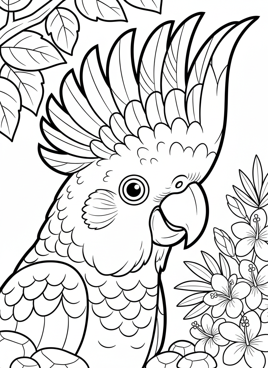 A close-up of a cockatoo's face with its crest feathers raised, showing detailed feather patterns perfect for coloring.