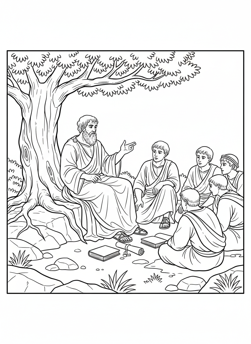 A Greek philosopher sitting under a tree, teaching a small group of students who are seated on the ground listening attentively.