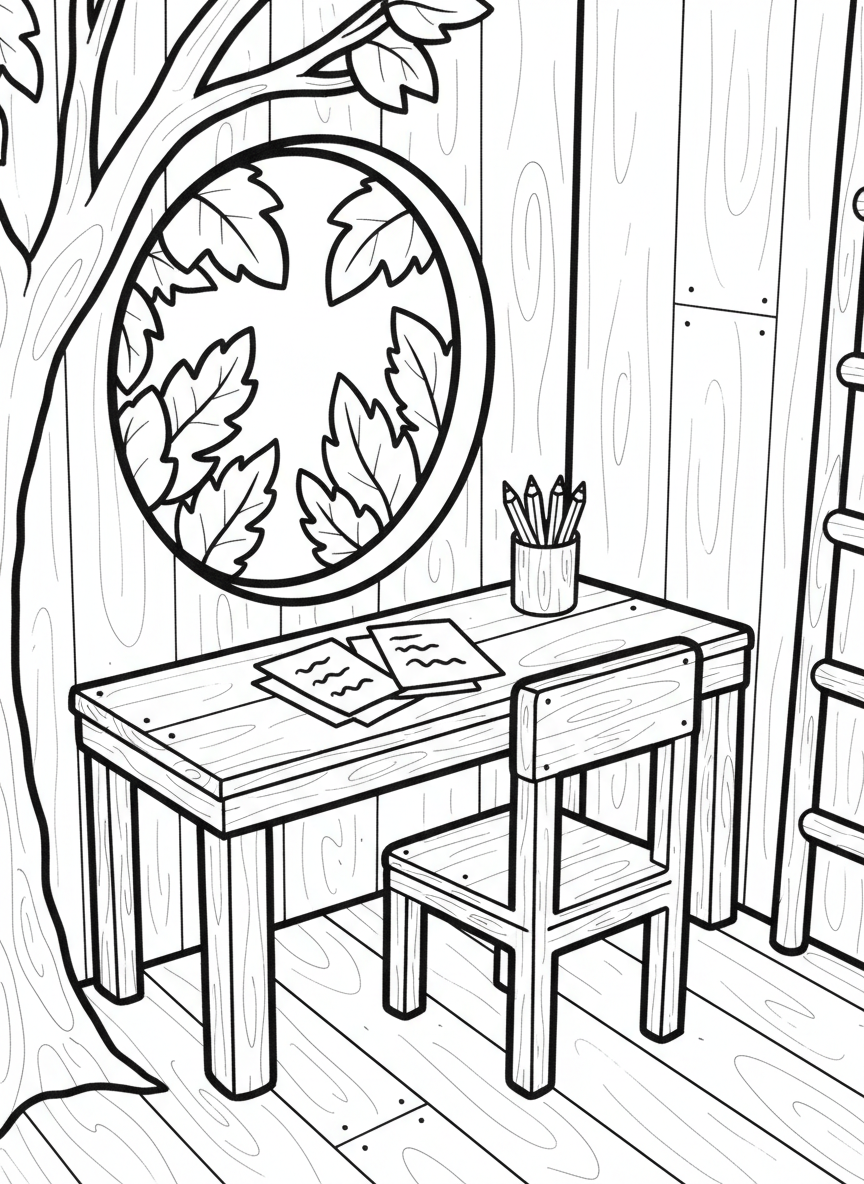 Simple treehouse workspace with a small desk, chair, pencil holder, and papers, plus a circular window.
