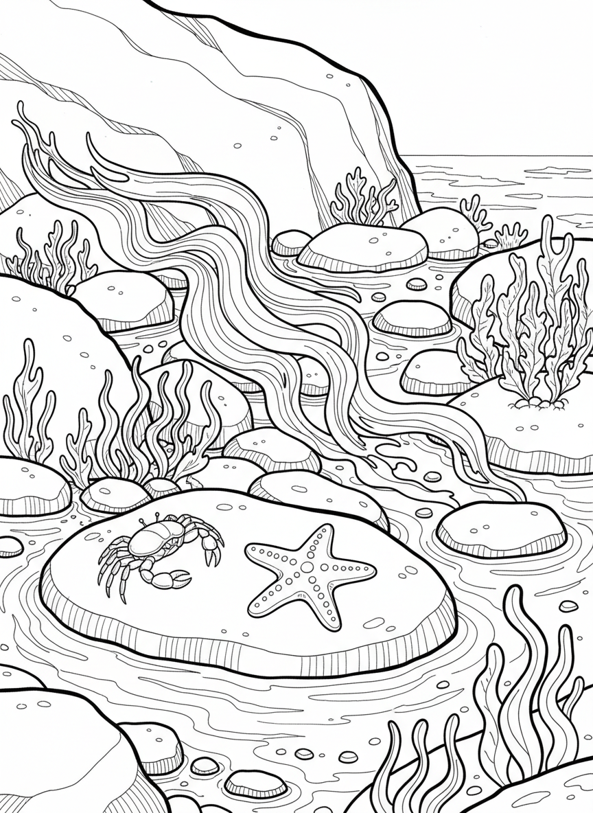 A large tide pool scene showing multiple rocks, seaweed strands, a small crab, and a starfish, viewed from above.