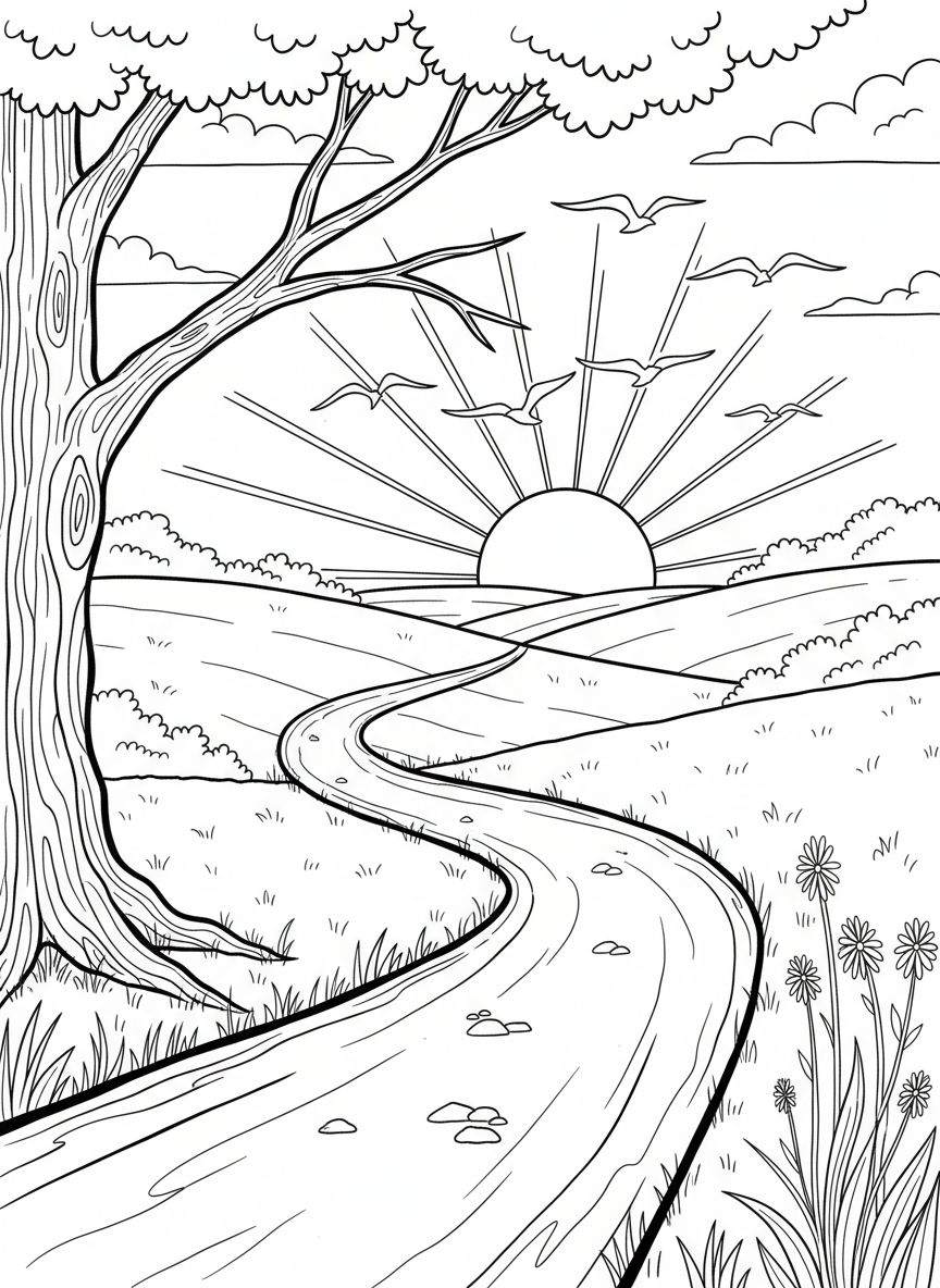 A sunrise over rolling hills with a winding path leading forward, birds flying toward the light, hopeful landscape scene
