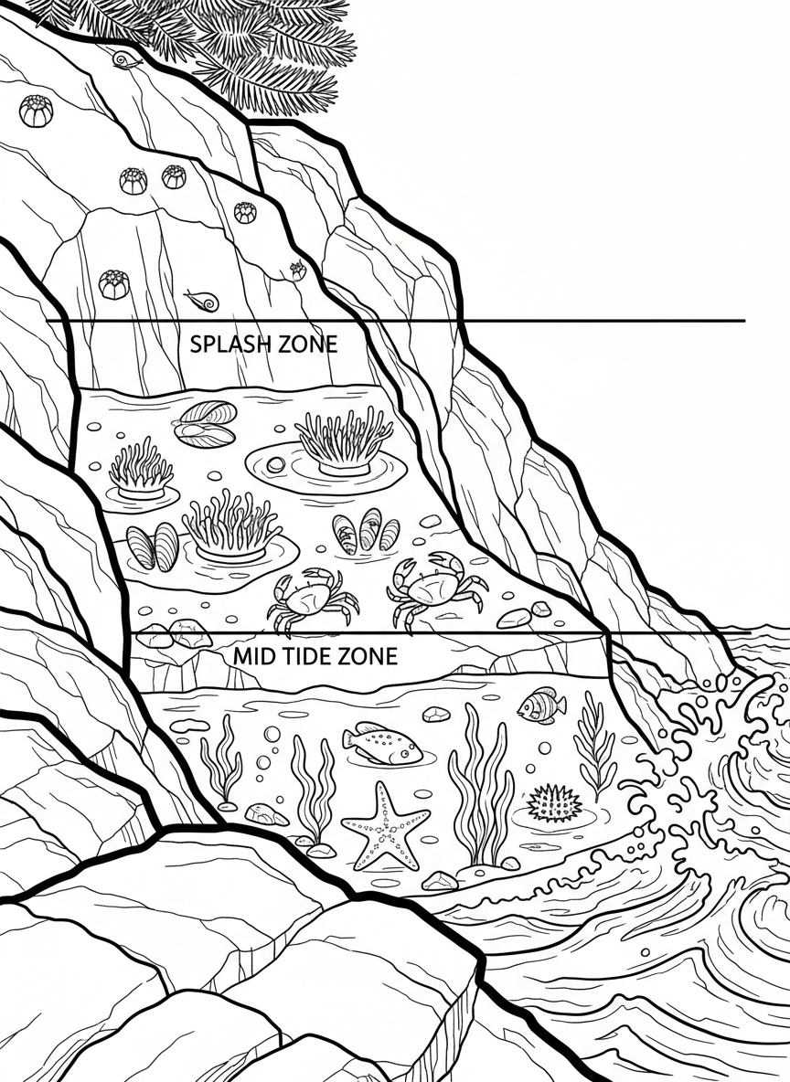 A detailed rocky shore cross-section showing different tide pool zones with various creatures at different heights, educational and engaging layout
